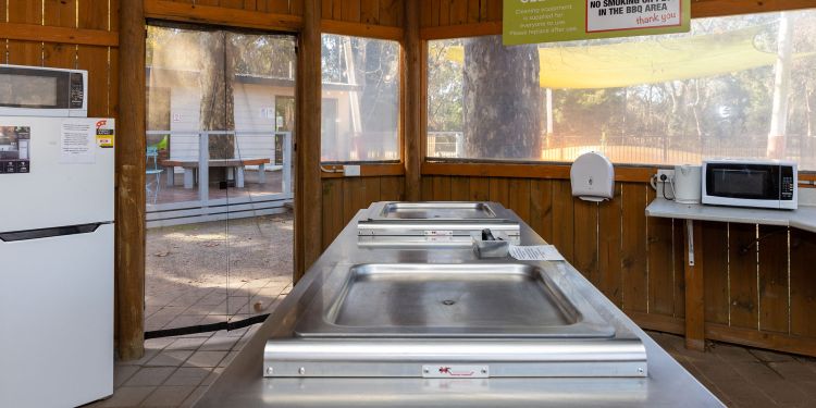 Interior of the new fully equipped modern camp kitchen at Yea Riverside Caravan Park